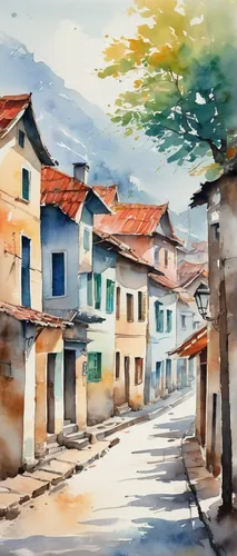 In a peaceful village, depict a society where equality is deeply valued.,watercolor,watercolor painting,watercolor background,watercolor shops,watercolor paint,watercolor sketch,village scene,street s