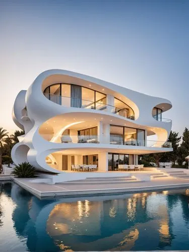 award-winning architecture photography of a building looks like a boat in limassol marina harbor luxury property cubist parametric nautilus shape structure modernist villa white renzopiano photography