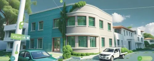 3d renderings of a modern day house with modern green accents,smart house,smart home,townhouses,suburbanization,home automation,cubic house,green living,residential house,multifamily,apartment house,r