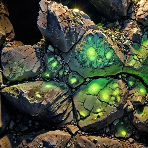 roccia spaccata , lavorata e levigata di colore nero, con all'interno minerali fluorescenti,a bunch of rocks with different plant life,lava stones,mutagen,olivine,stone background,colored rock,backgro