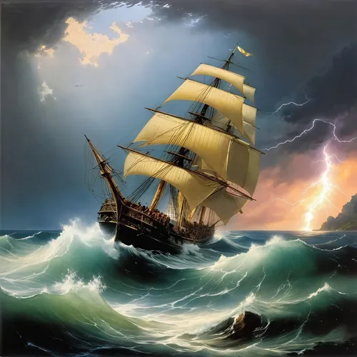 classic marine oil painting of a black stormy skies and lightning strikes at the background.,the old sailing ship in a storm on the water,sea sailing ship,sail ship,sailing ship,galleon ship,galleon,s