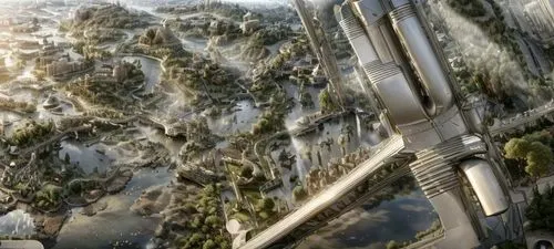 futuristic landscape,elves flight,canopy walkway,sky space concept,take-off of a cliff,district 9,ski jump,valerian,concept art,skycraper,above the city,sci fiction illustration,skyscraper town,futuri