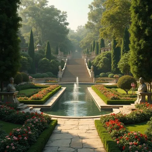 Elegant gardens, ornate fountains, grand staircases, symmetrical walkways, manicured lawns, vibrant flower beds, decorative topiaries, statuesque sculptures, classical columns, rustic stone paths, tra