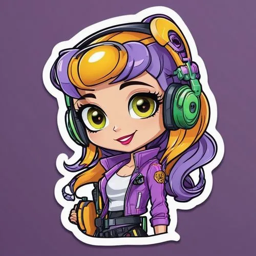 sticker cartoon girls cute little girl cute lilac & pink girl cartoon music sticker 7, in the style of iconic pop culture caricatures, dark yellow and dark orange, digitally enhanced, cyberpunk manga,