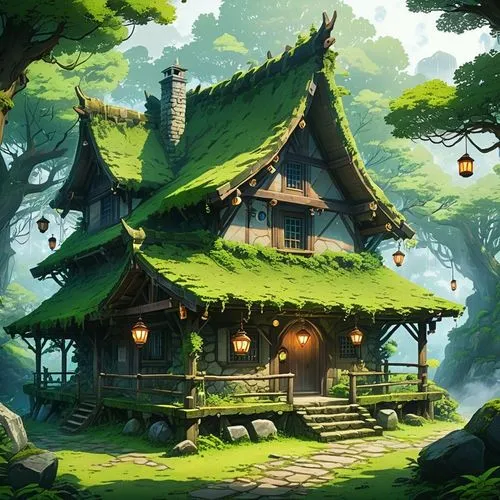 Cabin description: Moss-covered stone structures, twisted oak beams, sloping roofs with undergrowth, hanging oil lanterns, misty atmosphere, damp and somber textures, a feeling of isolation.,this is a