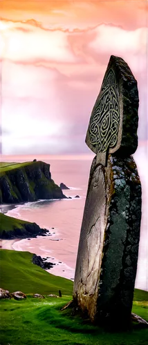 Emerald Isle landscape, rolling green hills, rugged coastline, ancient Celtic ruins, misty morning fog, solo standing stone monument, intricate knotwork patterns, warm golden lighting, high angle shot