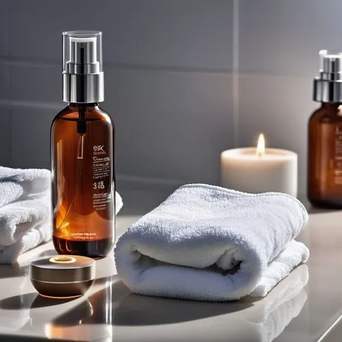 A high-tech facial massage device resting on a clean white counter, alongside a bottle of serum and a soft towel.,a table with white towels, a bottle of skin care products and two candles,spa items,ma