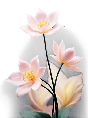 Delicate flower, petals curved outward, soft pink hue, yellow center, gentle glow, slender stem, leaves curled upward, black background, high contrast, 3/4 composition, shallow depth of field, warm co
