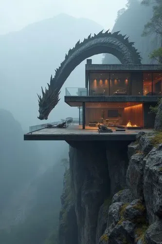 A huge dragon climbs out of a chasm and looms over a house. Foggy atmosphere and ghostly light. A striking modern villa set on the edge of a mountain cliff, featuring cantilevered living spaces that e