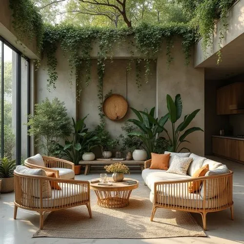 An eco-friendly studio apartment interior, bamboo made chairs and center table, concrete walls and decorated in greenery and flowers, green roof , with opulent ambience. atmosphere is Fall, with a uni