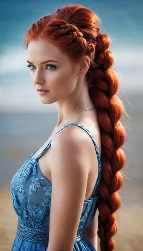 young woman, beautiful long bright red hair, blue eyes,  The girl looks directly at the viewer, Her hair is braided.,a woman with long, iding hair standing on the beach,celtic woman,sansa,redheads,mar