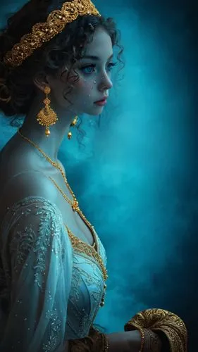 An ethereal, detailed digital illustration of a woman's face. Her elegant curls, adorned with golden earrings, blend beautifully around a dark background, emphasizing her poised demeanor. The piece is