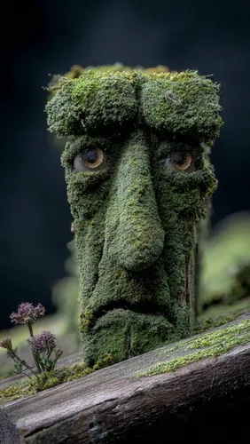 Create a 10-second eerie cinematic video. A wooden spoon, filled with fresh, vibrant moss and tiny purple flowers, moves slowly and deliberately toward the moss-covered humanoid face. The face, entire
