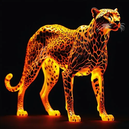 Molten glass art of a ferocity cheetah,glowing in neon orange,creating bold leopard print silhouettes,pure black background,cheetah,jaguar,panther,leopard,felidae,neon body painting,cheetahs,canis pan