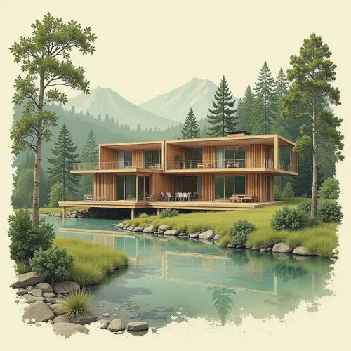 (interior design plan:1.3) of a modern house community, inspired byi, modernism, build in a forest near of a lake, wooden, andrei riabovitchev symmetrical, glass windows, integrated in the mountains,t