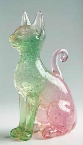 [cat] figurine by glass, in the style of layered translucency, [green] and [pink], Light], 20 megapixels, transparency,a close up of a glass figurine on a white background,glass yard ornament,glass or