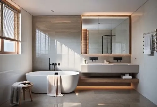 A stylish industrial-style bathroom with a warm and cosy atmosphere. The walls are made of brick and concrete, which are complemented by dark wood inserts and black metal fittings. The floor has textu