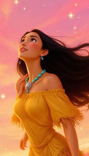 "Beautiful Pocahontas, young Native American woman with long flowing jet-black hair blowing in the wind, warm tan skin, large expressive brown eyes, looking up with hopeful and emotional expression, w