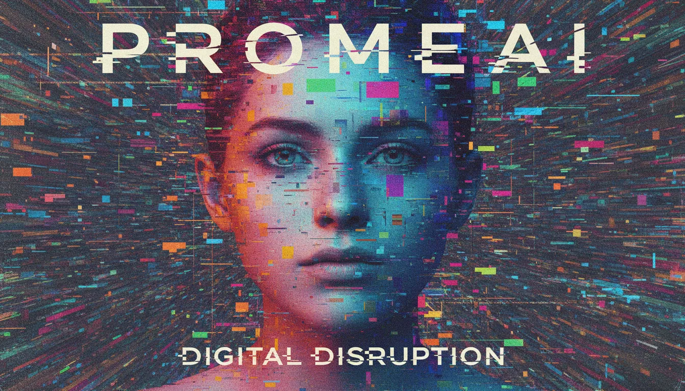 Un poster dinamico con un ritratto che presenta intensi effetti Glitch Art, tra cui vivaci spostamenti di colore e rumore digitale, creato con PromeAI.