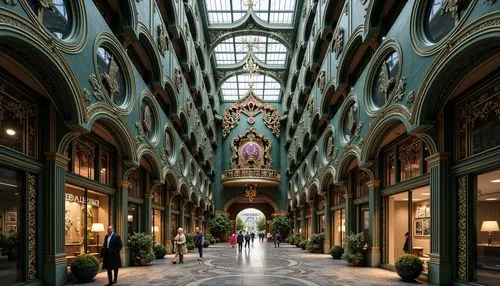 Intricate ornate buildings, sinuous lines, flowing curves, organic forms, luxurious materials, jewel-toned colors, emerald green, sapphire blue, amethyst purple, golden accents, copper details, staine