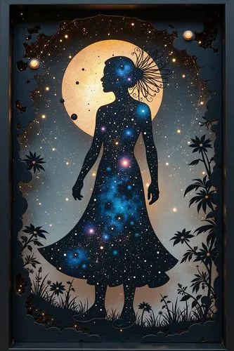Galactic person filled by space and time. They accept life passing through their body as a reflection of the present experience


,a framed papercut of a girl in the night with the moon,stargazer,woma