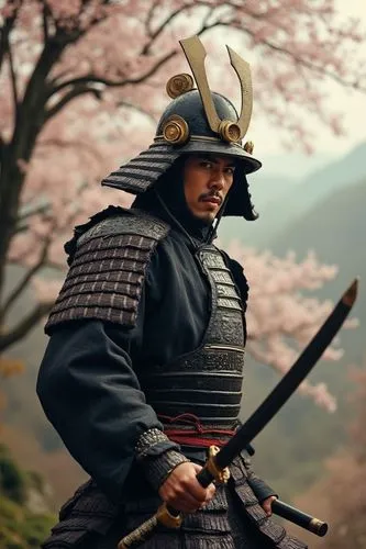 Traditional samurai warrior. Shogun. Ashikaga Shogunate. Traditional samurai armor. Helmet. Making katana movements. In a Japanese castle. Traditional painting style. Photo. Hyper-realistic image. Per