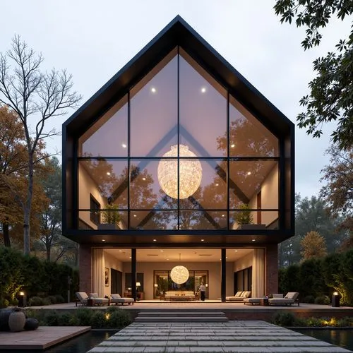 A hyper-realistic, high-resolution architectural photograph of a contemporary luxury home with a dramatic A-frame glass façade, showcasing a soaring vaulted ceiling and warm interior lighting. The str