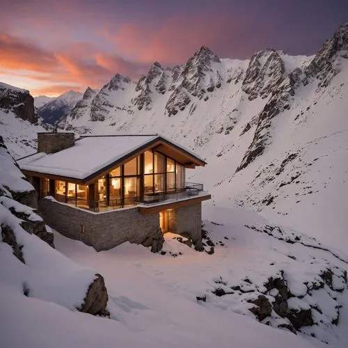 Lodge surrounded by snow-capped mountains,alpine hut,mountain hut,monte rosa hut,mountain huts,snow shelter,house in mountains,ortler winter,house in the mountains,the cabin in the mountains,snow hous
