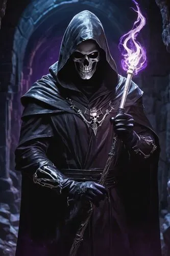 Dark male necromancer, muscular build, pale skin, sunken eyes with dark circles, sharp jawline, messy black hair, black hooded cloak with silver trim, torn and tattered, leather gloves, bony fingers, 