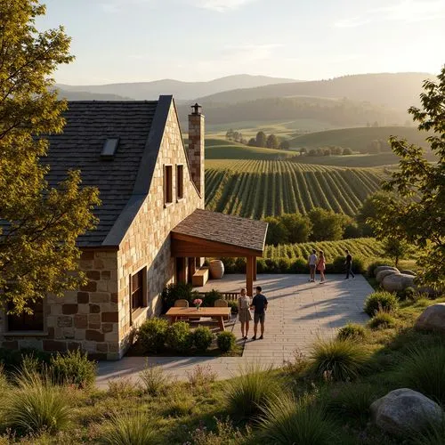 Winery International Style Design Ideas Using Rammed Earth Material in Cream Color