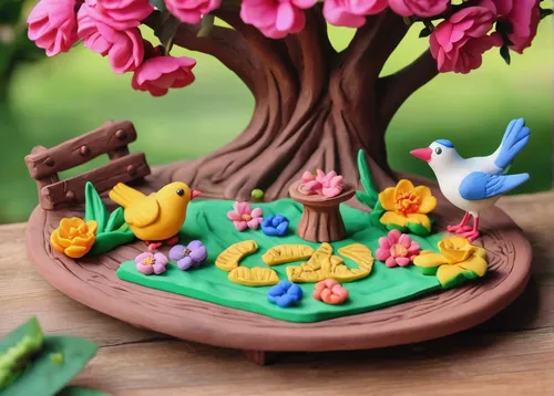 Sketch an appetizing platter of food in a rustic picnic spot, surrounded by blooming flowers and chirping birds.,easter cake,wooden toys,marzipan figures,easter decoration,felted easter,edible parrots