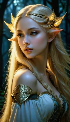 night, dark forest, torchlight, beautiful elven girl, beautiful eyes, beautiful lips, beautiful long light golden hair, thin waist, beautiful shoulders, ,a beautiful woman dressed up in elf makeup,elo