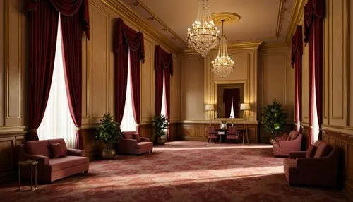 Rich velvet curtains, luxurious golden accents, warm beige walls, dark wood flooring, elegant chandeliers, soft crimson seats, subtle patterned carpets, grandiose high ceilings, ornate moldings, drama