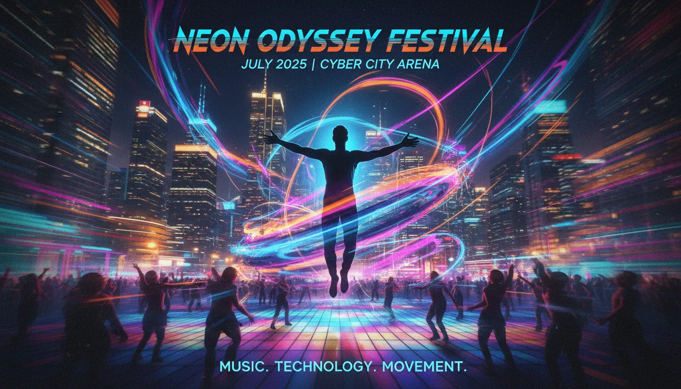 Un poster energico per un festival musicale con un effetto mosso generato dall'AI che crea scie di luce astratte attorno a una figura centrale.