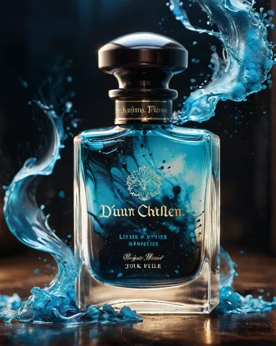 A poetic vision of perfume, enveloped in waves of dark charcoal and light azure, with ink splatters, literature core vibes, hues of dark parchment and light inkwell, drawing inspiration from the writi