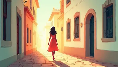 A flat, lineless digital art illustration with bold outlines and strong color blocking, utilizing vibrant reds, greens, and oranges. A solitary woman, depicted in a flowing, light-colored dress in the