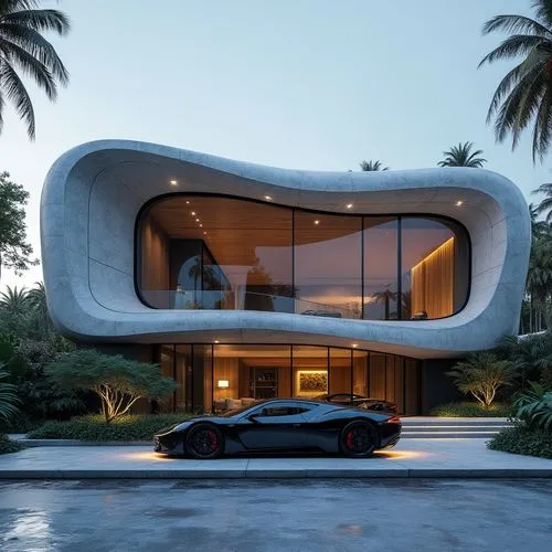 A hyper-realistic, high-resolution architectural photograph of an ultra-modern, luxury residence at dusk, showcasing a sleek, curvilinear façade composed of smooth stone panels, dark metal accents, an