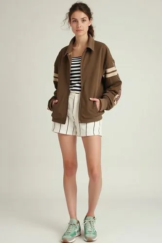 a young woman, not looking at camera. athleisure outfits, She wears a brown zip-up jacket paired with striped sleeves peeking out, creating a casual yet fashionable look. Her white shorts with a strip