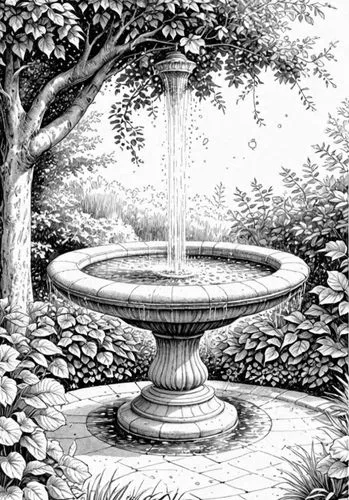a drawing of an outdoor area that appears to be a garden,lafountain,maximilian fountain,fountain,fountain of the moor,decorative fountains,water fountain,Design Sketch,Design Sketch,Detailed Outline