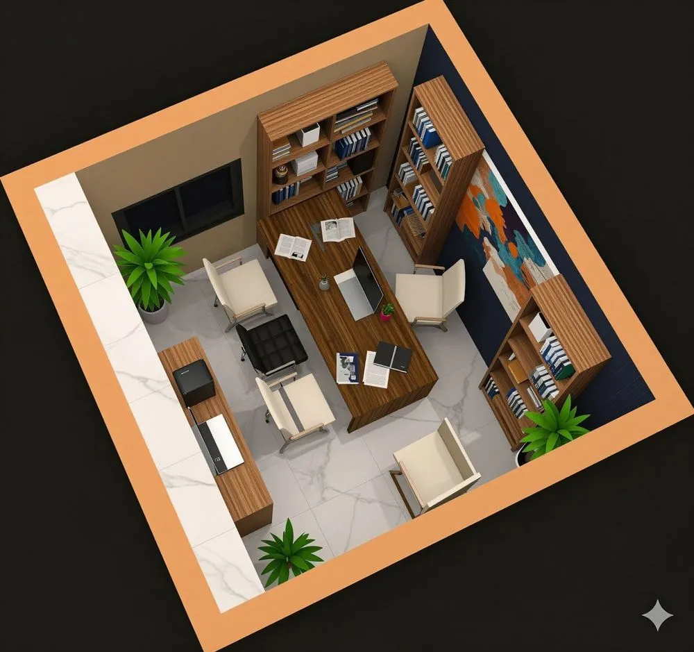 aerial view of the living room and bedroom of a suite apartment
