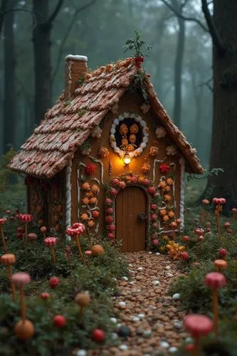 Hansel and Gretel came to a gingerbread house decorated with candies and lollipops in a dark forest,an outdoor house that is decorated to look like a fairy garden,fairy house,fairy door,miniature hous