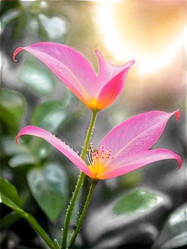 Delicate flower, pink petals, yellow center, soft focus, gentle curved stem, leaves with veins, morning dew, subtle backlight, 3/4 composition, shallow depth of field, warm color tone, cinematic light