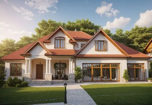 1building,a very beautiful house with orange tile roof and shingled windows,3d rendering,holiday villa,homebuilding,danish house,hovnanian,wooden house,villa,render,new england style house,large home,