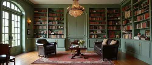 A refined and traditional indoor space, featuring an expansive bookshelf painted in soft sage green, perfectly harmonized with warm wooden floors. The design incorporates classic details like arched w