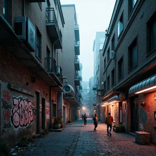 Gritty urban landscape, distressed brick walls, graffiti-covered buildings, industrial pipes, exposed ductwork, abstract sculptures, fragmented shapes, bold color contrasts, neon lights, foggy atmosph