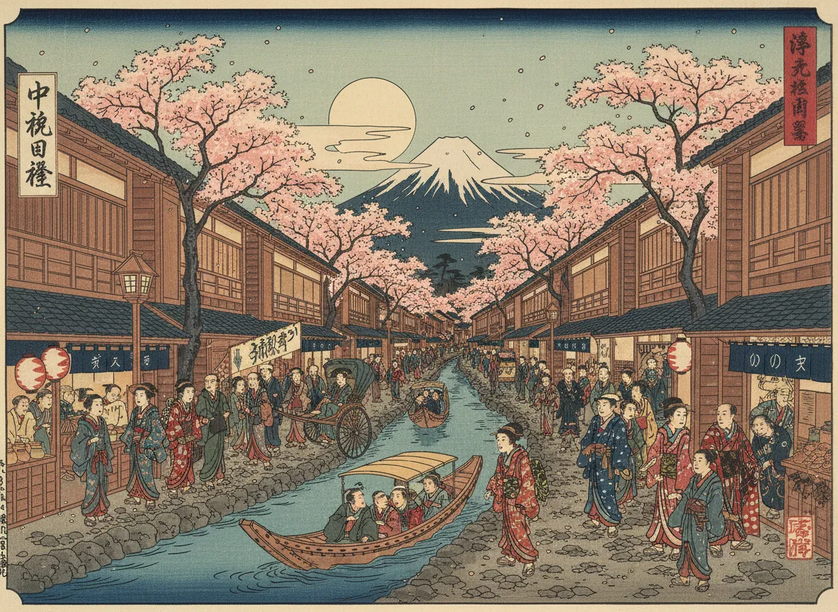 KI-generiertes Plakat im Ukiyo-e-Stil, das eine belebte Stadtstraße mit Kirschblüten darstellt.