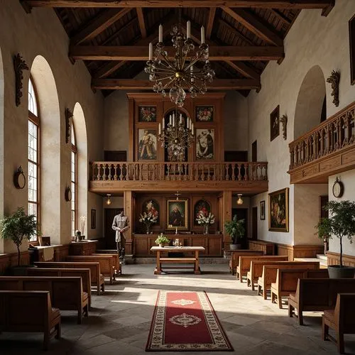Rustic monastery interior, wooden pews, ornate stone carvings, stained glass windows, grand chandeliers, rich velvet fabrics, intricately carved wooden furniture, antique bronze fixtures, distressed l