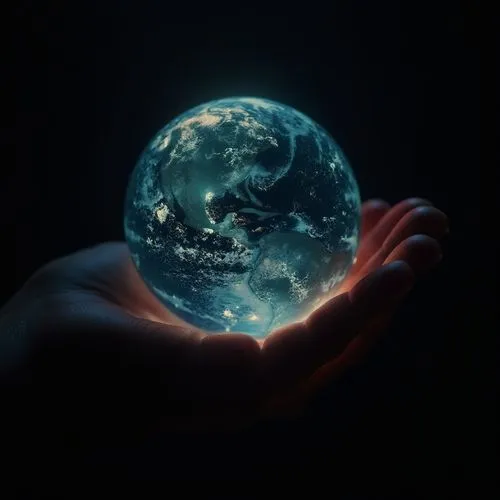 Close shot of a glowing earth holding with one hand, background is full of black color, ultra realistic high quality image, we can only see the arm and the glowing earth,the globe is being held by a p