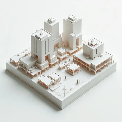 Create a series of variations and iterations of an axonometric architectural massing model. The model should include three primary components: 1. Residential Building: In tradition Hong Kong ‘Old Slab