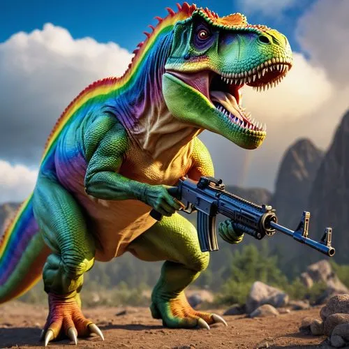 A rainbow trex with a gun,a large dinosaur holding a gun in its mouth,utahraptor,protohistoric,trexlertown,dino,raptor,theropoda,dryosaurus,landmannahellir,cretaceous,troodontids,oviraptor,turok,baryo